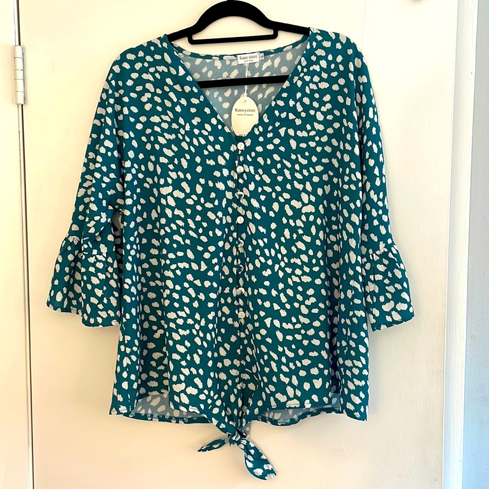 KancyStore Spotted Teal Front Tie Blouse